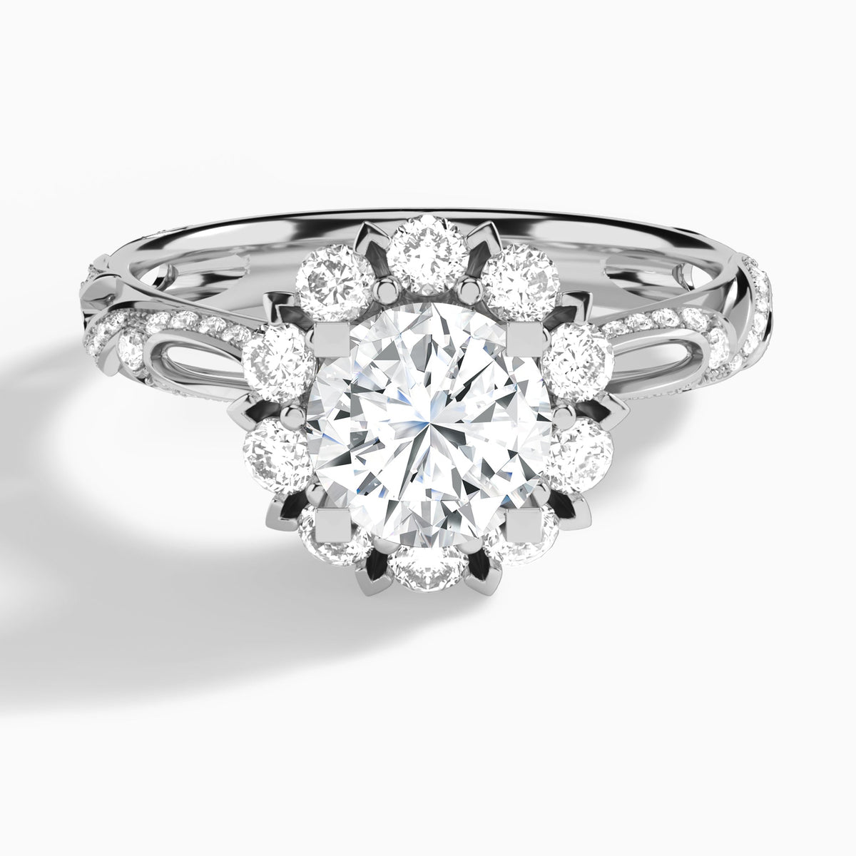 Round Majestic Bloom Lab Diamond Engagement Ring In 14K White Gold - Lucenjuri