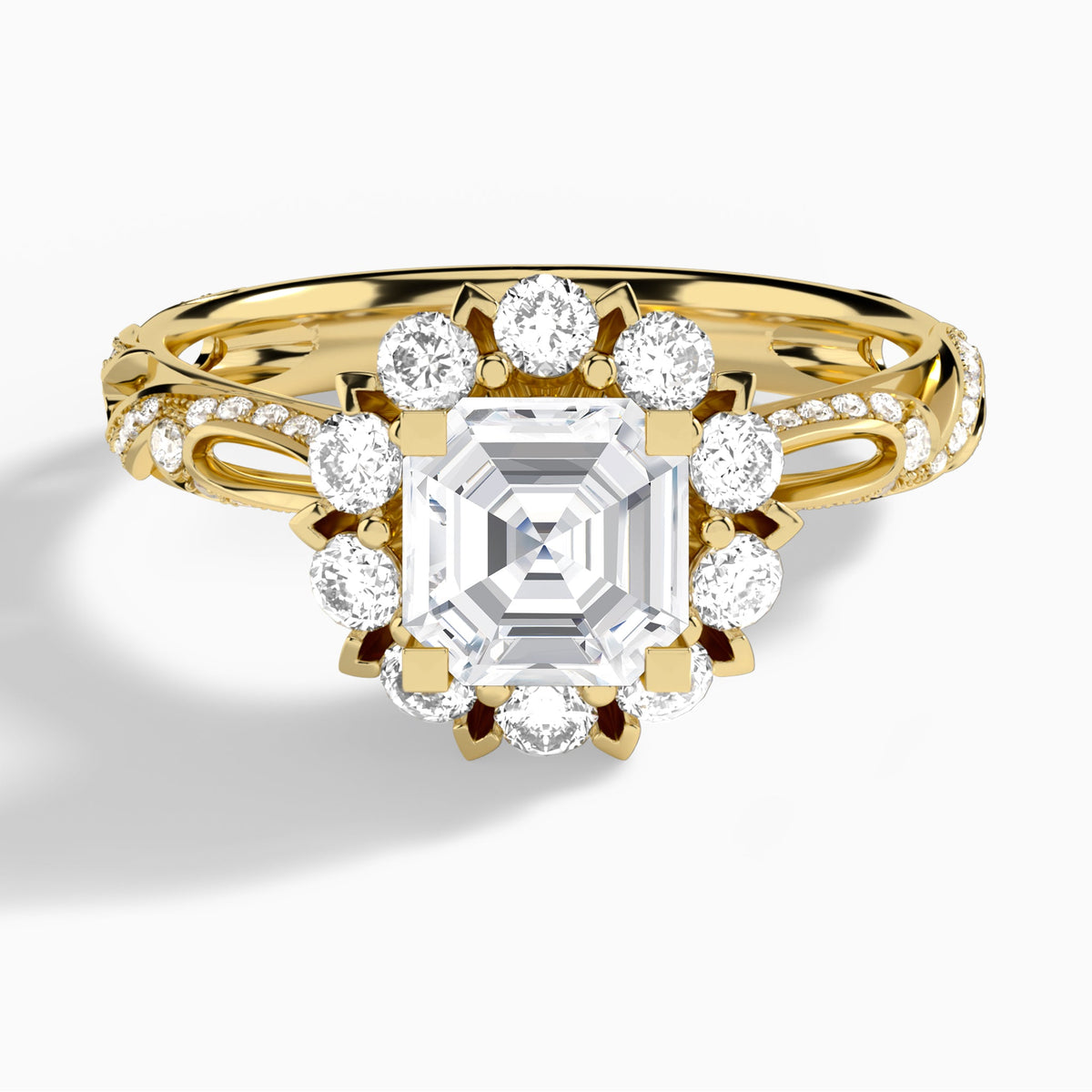 Asscher Majestic Bloom Lab Diamond Engagement Ring In 18K Yellow Gold - Lucenjuri