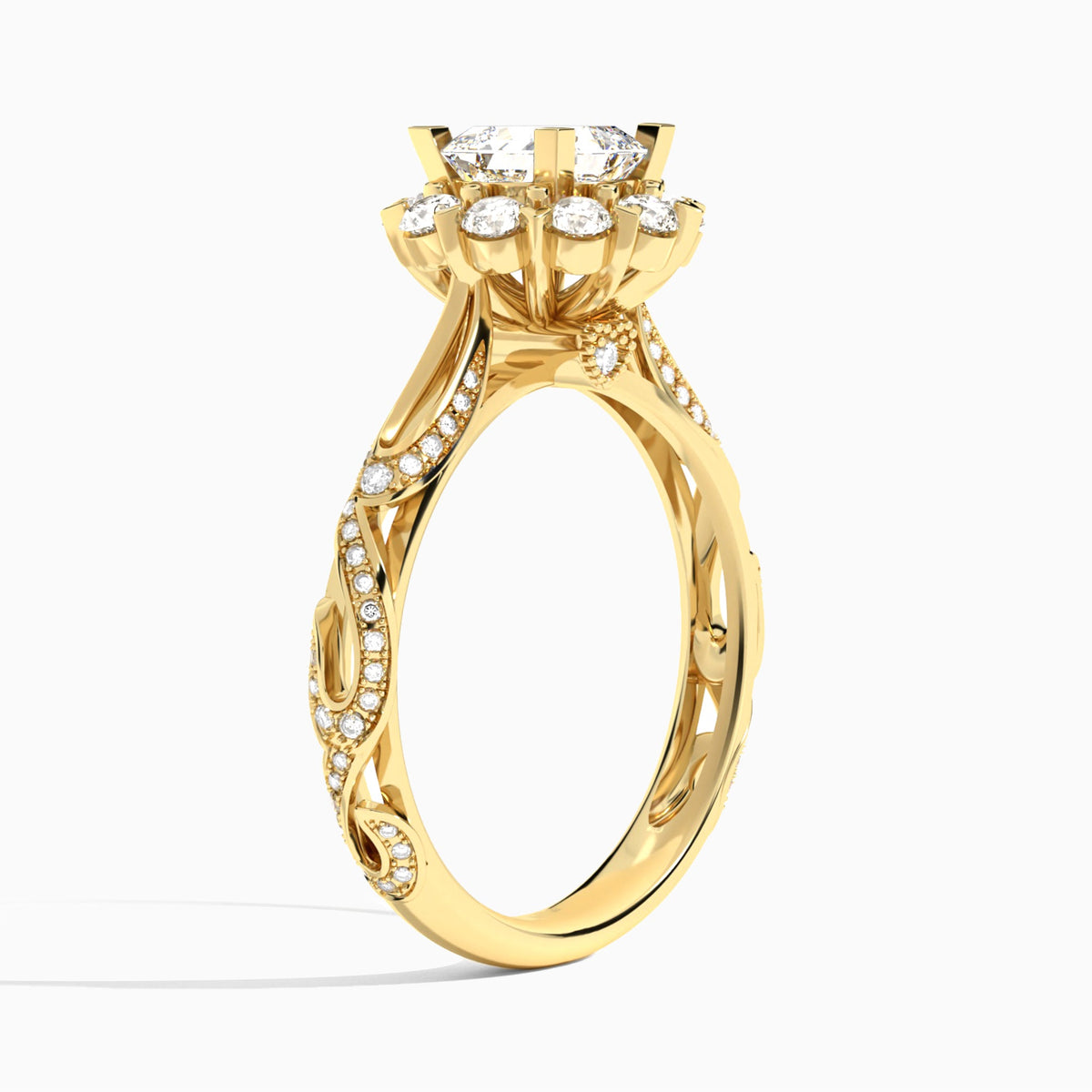 Asscher Majestic Bloom Lab Diamond Engagement Ring In 18K Yellow Gold, Angle View