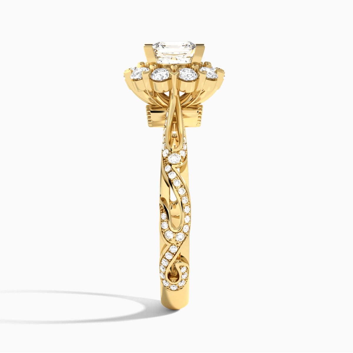 Asscher Majestic Bloom Lab Diamond Engagement Ring In 14K Yellow Gold, Side View