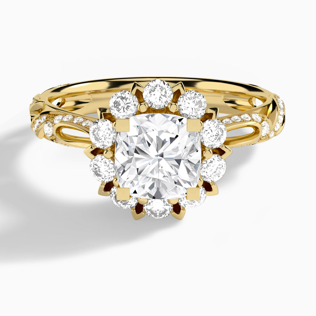 Cushion Majestic Bloom Lab Diamond Engagement Ring In 18K Yellow Gold - Lucenjuri
