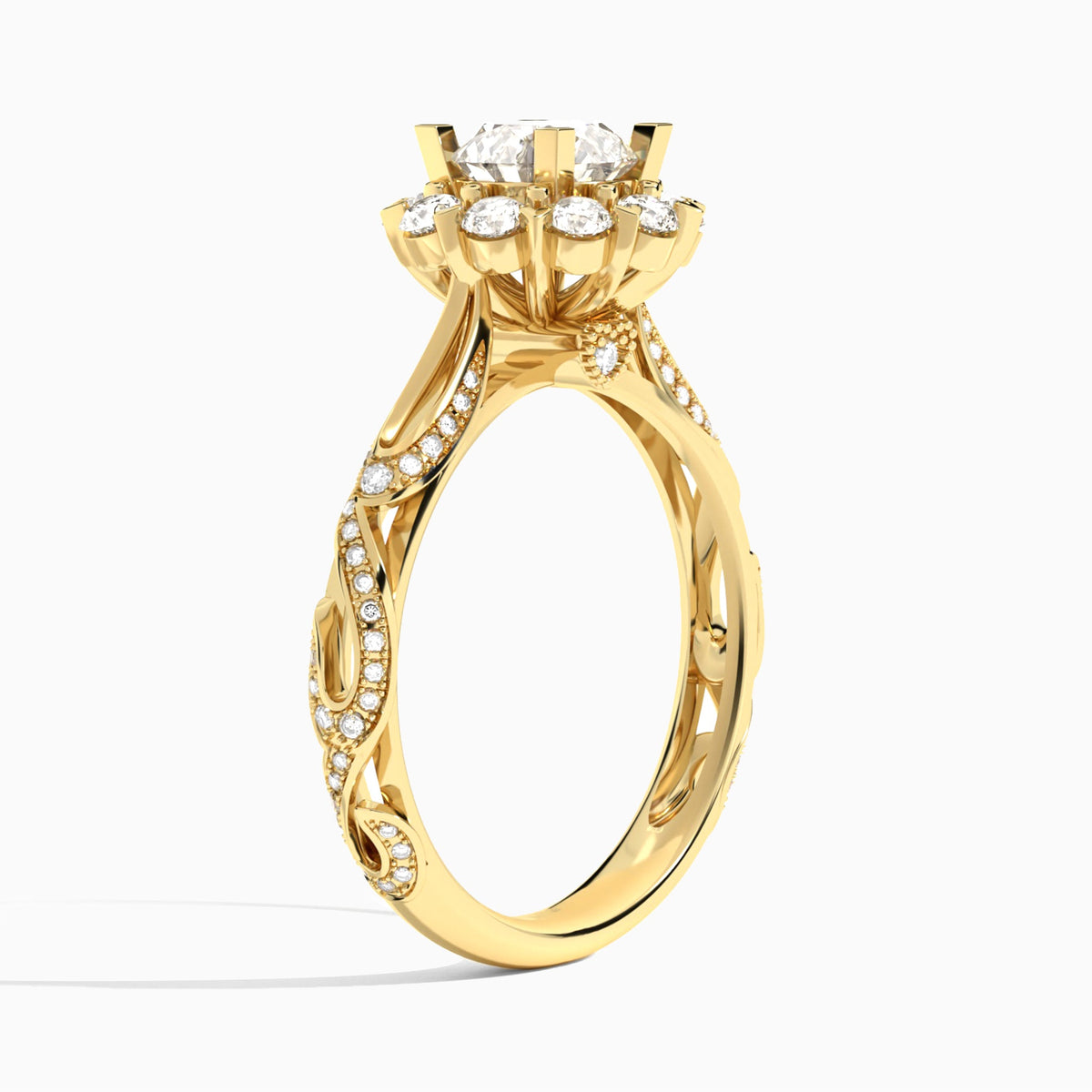 Round Majestic Bloom Lab Diamond Engagement Ring In 18K Yellow Gold, Angle View