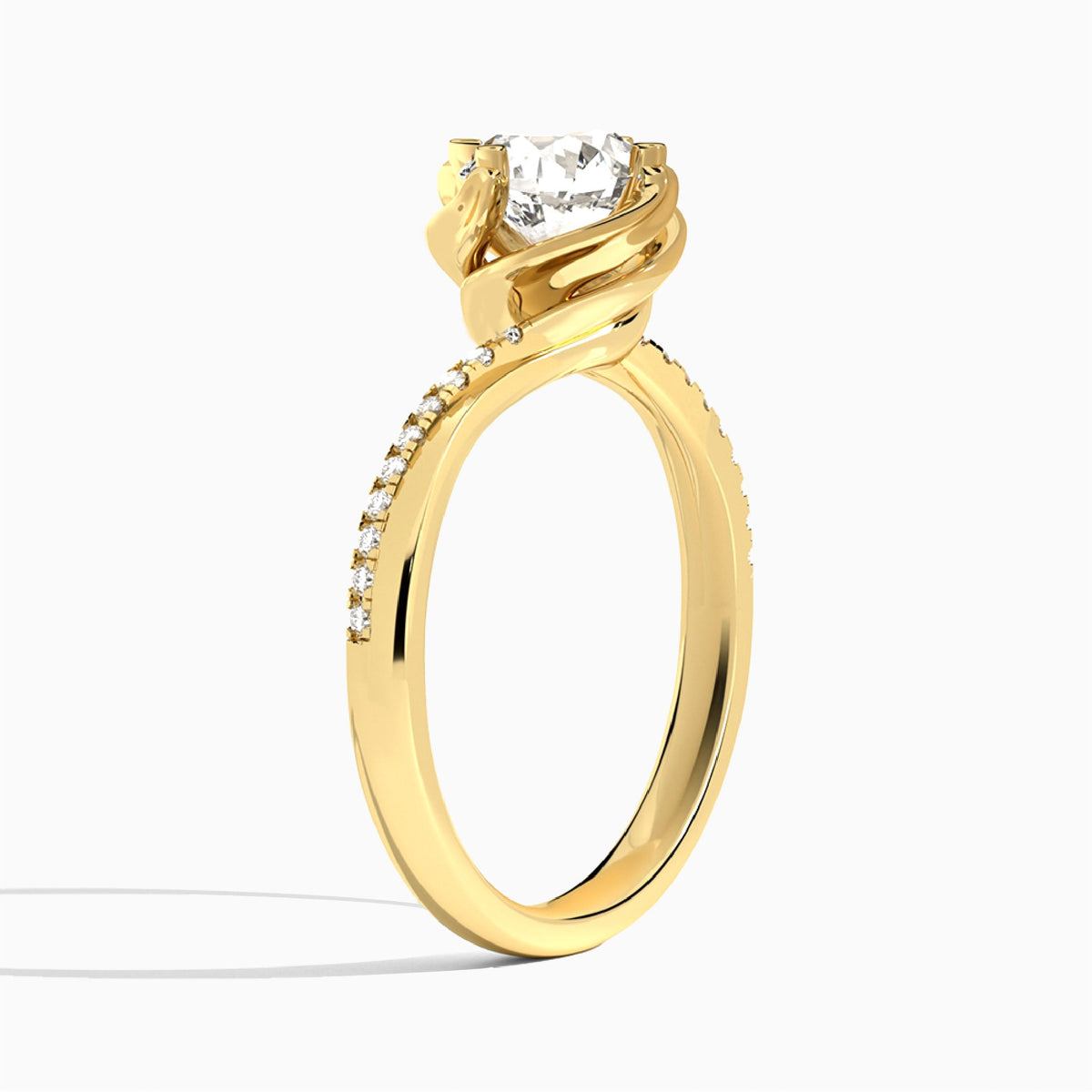 Round Amber Lab Grown Diamond Engagement Ring In 18K Yellow Gold, Angle View