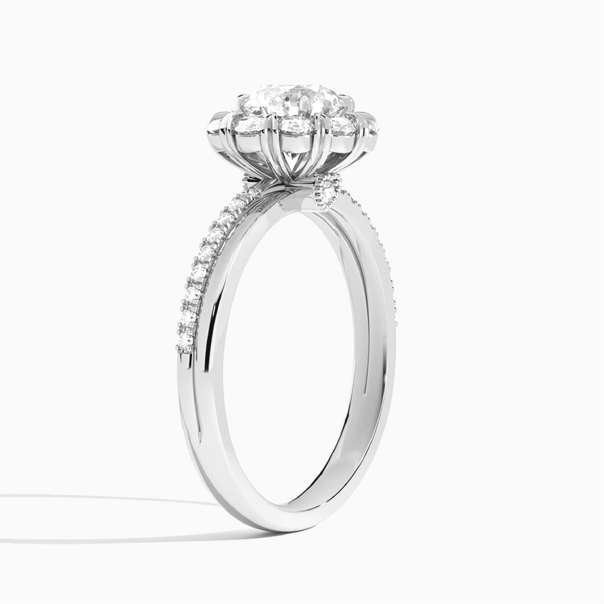 Round Luxe Halo Lab Grown Diamond Engagement Ring In Platinum, Angle View