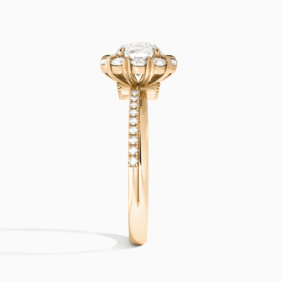 Round Luxe Halo Lab Grown Diamond Engagement Ring In 14K Rose Gold, Side View
