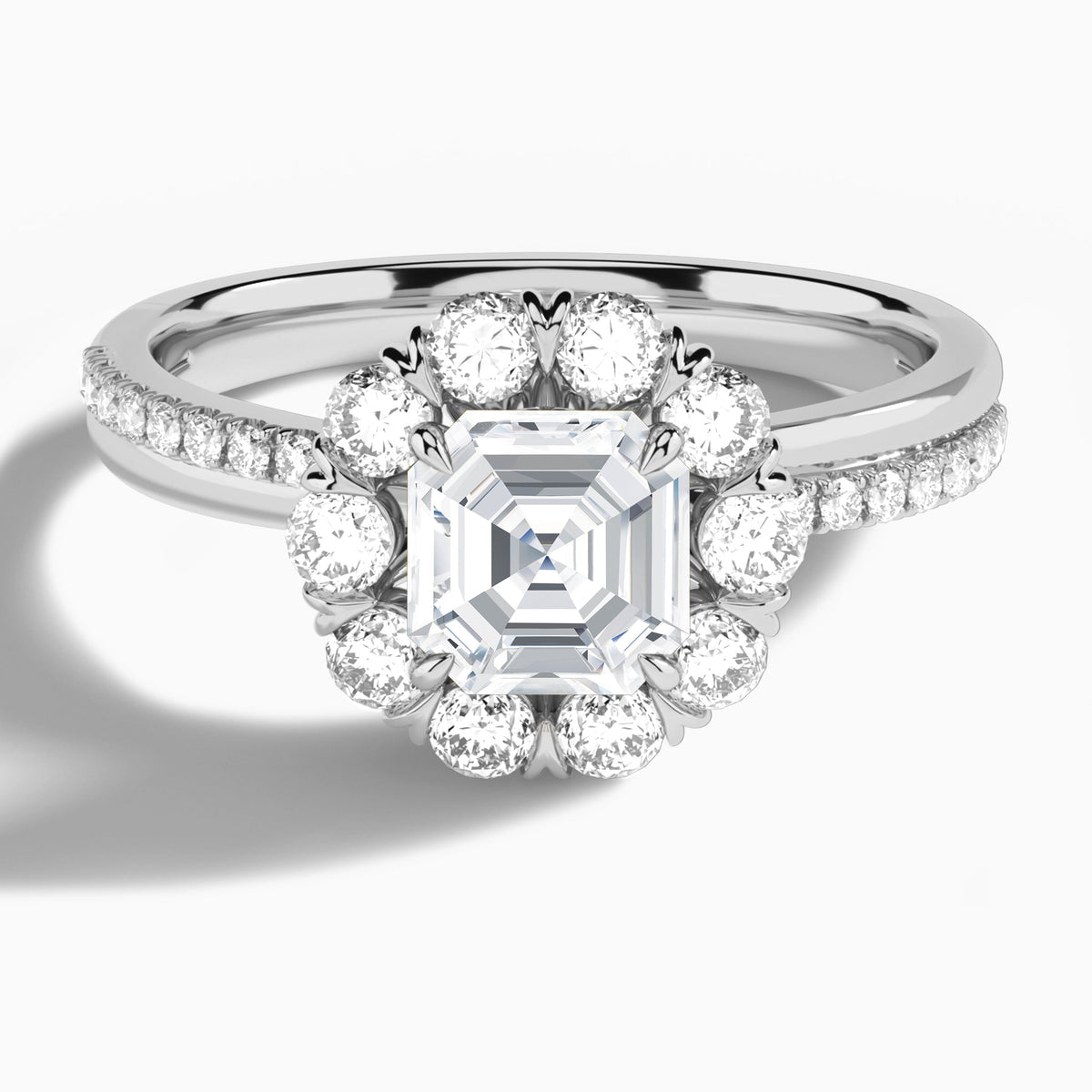 Asscher Luxe Halo Lab Grown Diamond Engagement Ring In 18K White Gold - Lucenjuri