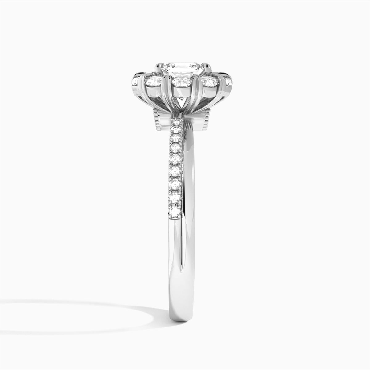 Asscher Luxe Halo Lab Grown Diamond Engagement Ring In 18K White Gold, Side View