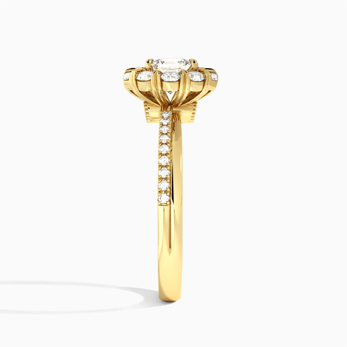 Asscher Luxe Halo Lab Grown Diamond Engagement Ring In 14K Yellow Gold, Side View