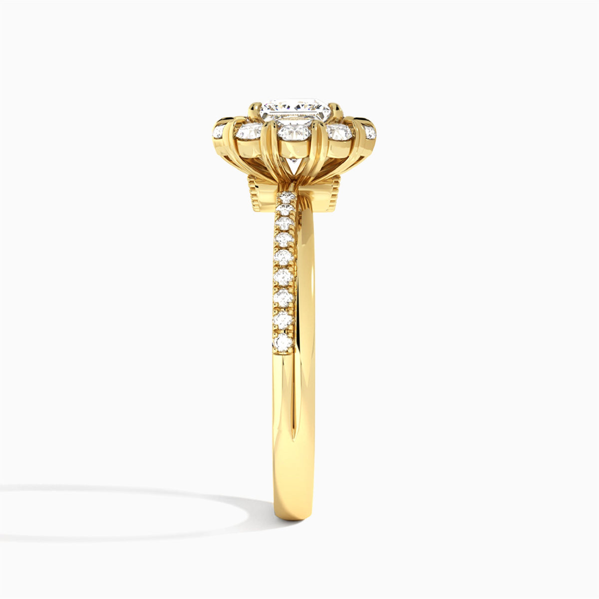 Princess Luxe Halo Lab Grown Diamond Engagement Ring In 18K Yellow Gold, Side View