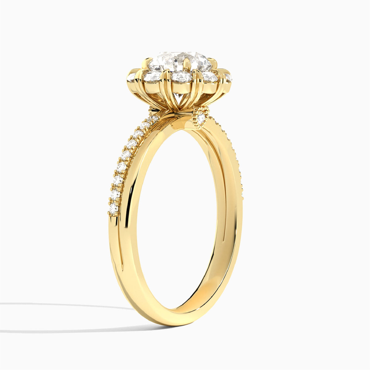 Round Luxe Halo Lab Grown Diamond Engagement Ring In 18K Yellow Gold, Angle View