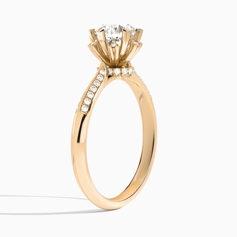 Round Accented Knife-Edge Lab Diamond Engagement Ring In 14K Rose Gold, Angle View