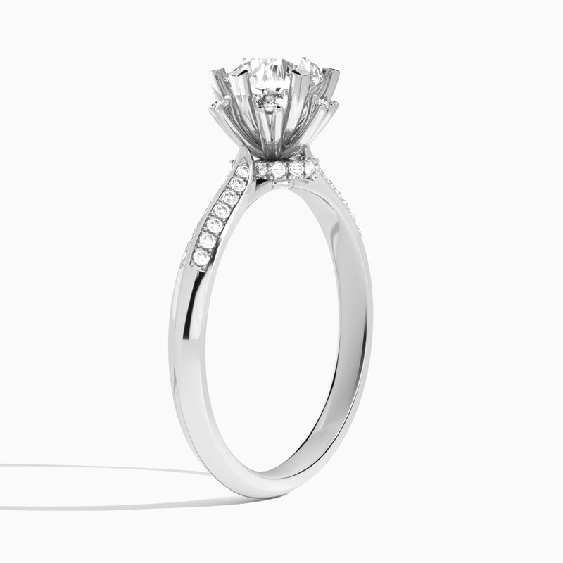 Round Accented Knife-Edge Lab Diamond Engagement Ring In 14K White Gold, Angle View