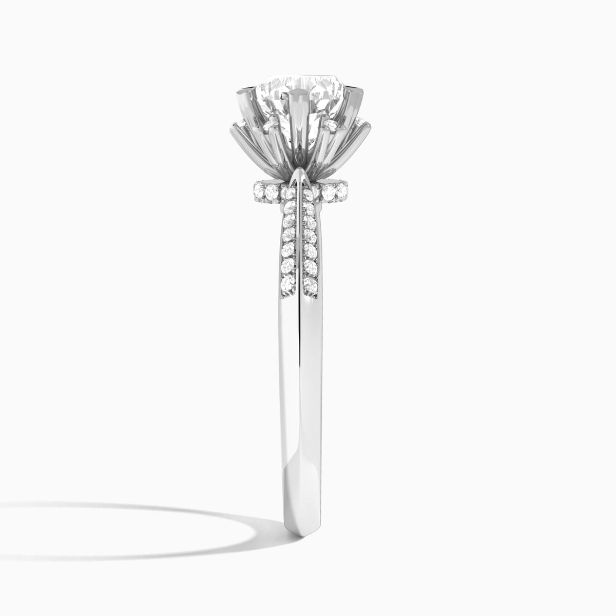 Round Accented Knife-Edge Lab Diamond Engagement Ring In 18K White Gold, Side View