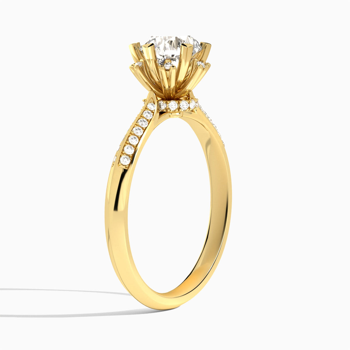 Round Accented Knife-Edge Lab Diamond Engagement Ring In 18K Yellow Gold, Angle View