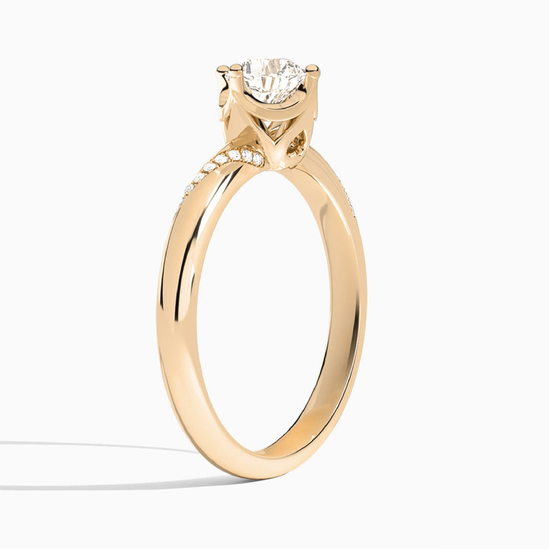 Cushion Accented Petal Four-Prong Lab Diamond Engagement Ring In 14K Rose Gold, Angle View