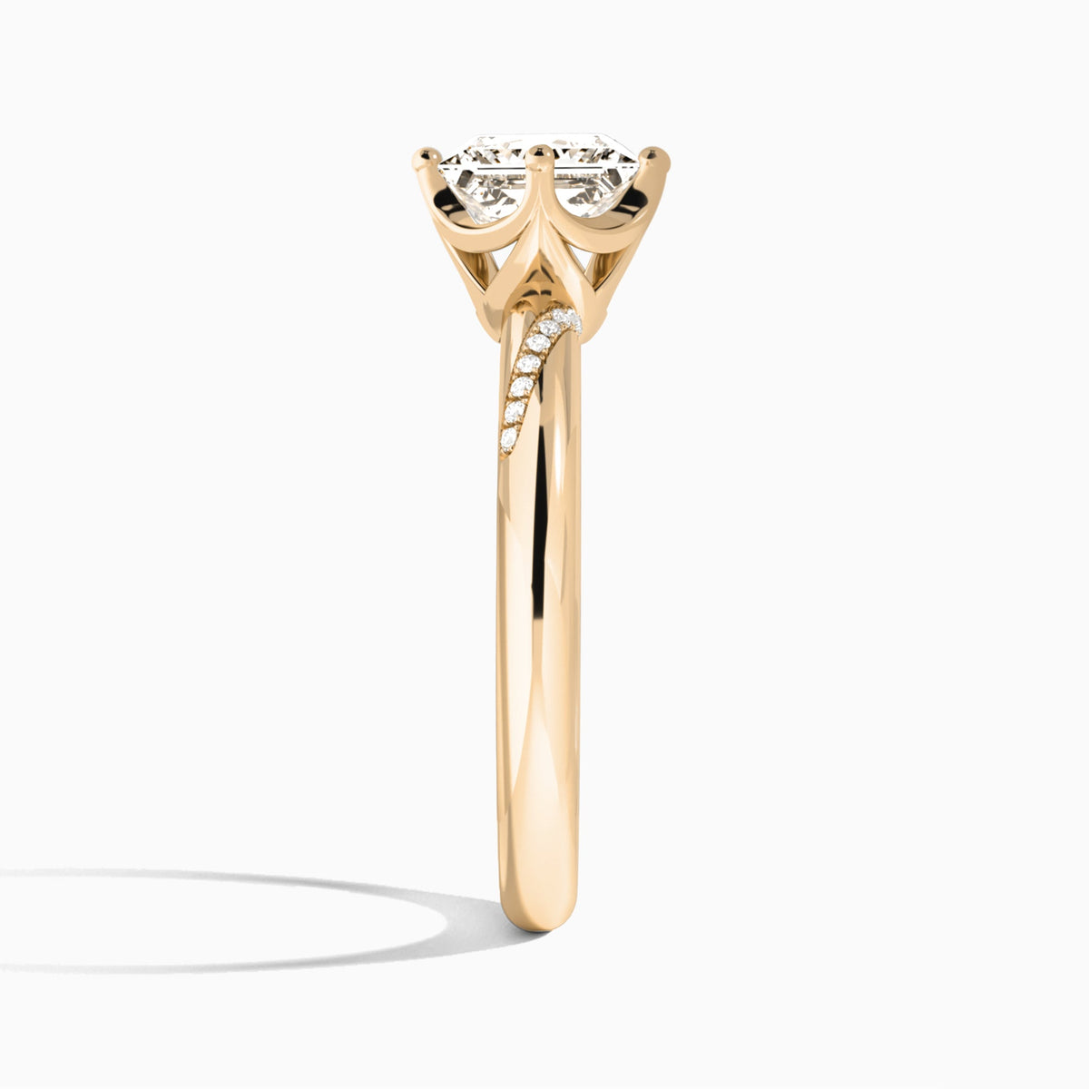 Princess Accented Petal Four-Prong Lab Diamond Engagement Ring In 14K Rose Gold, Side View