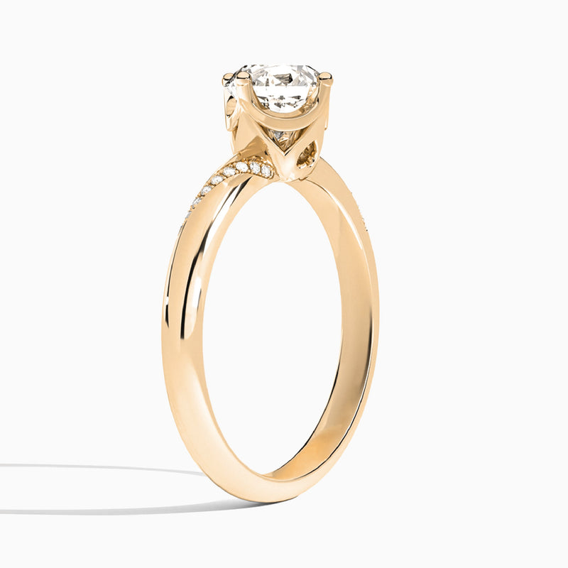 Round Accented Petal Four-Prong Lab Diamond Engagement Ring In 14K Rose Gold, Angle View