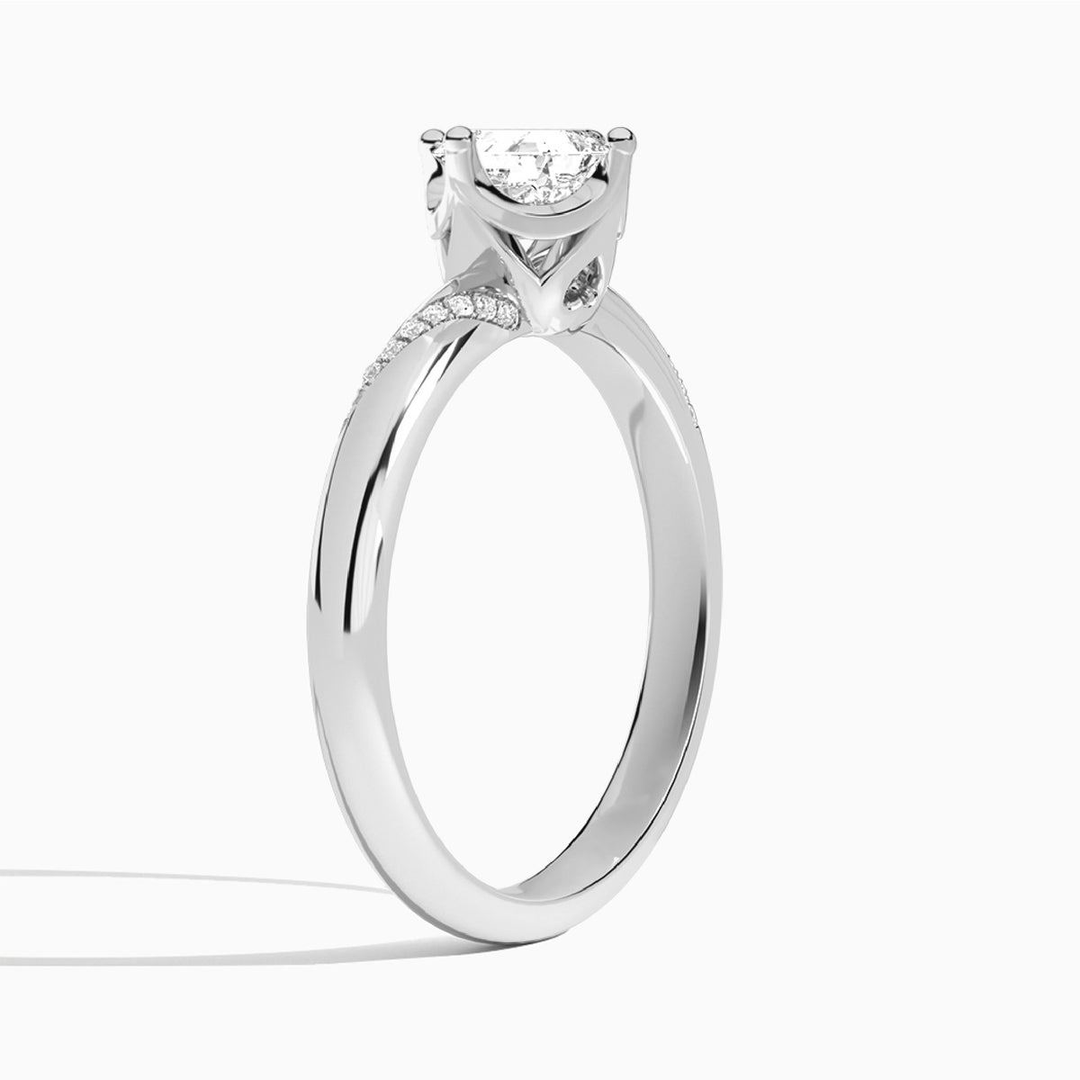 Asscher Accented Petal Four-Prong Lab Diamond Engagement Ring In 18K White Gold, Angle View