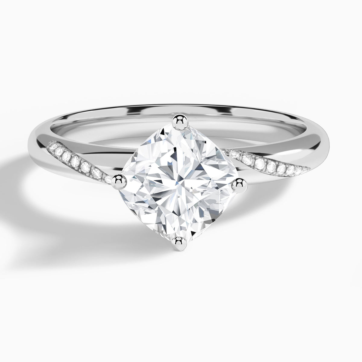 Cushion Accented Petal Four-Prong Lab Diamond Engagement Ring In 14K White Gold - Lucenjuri