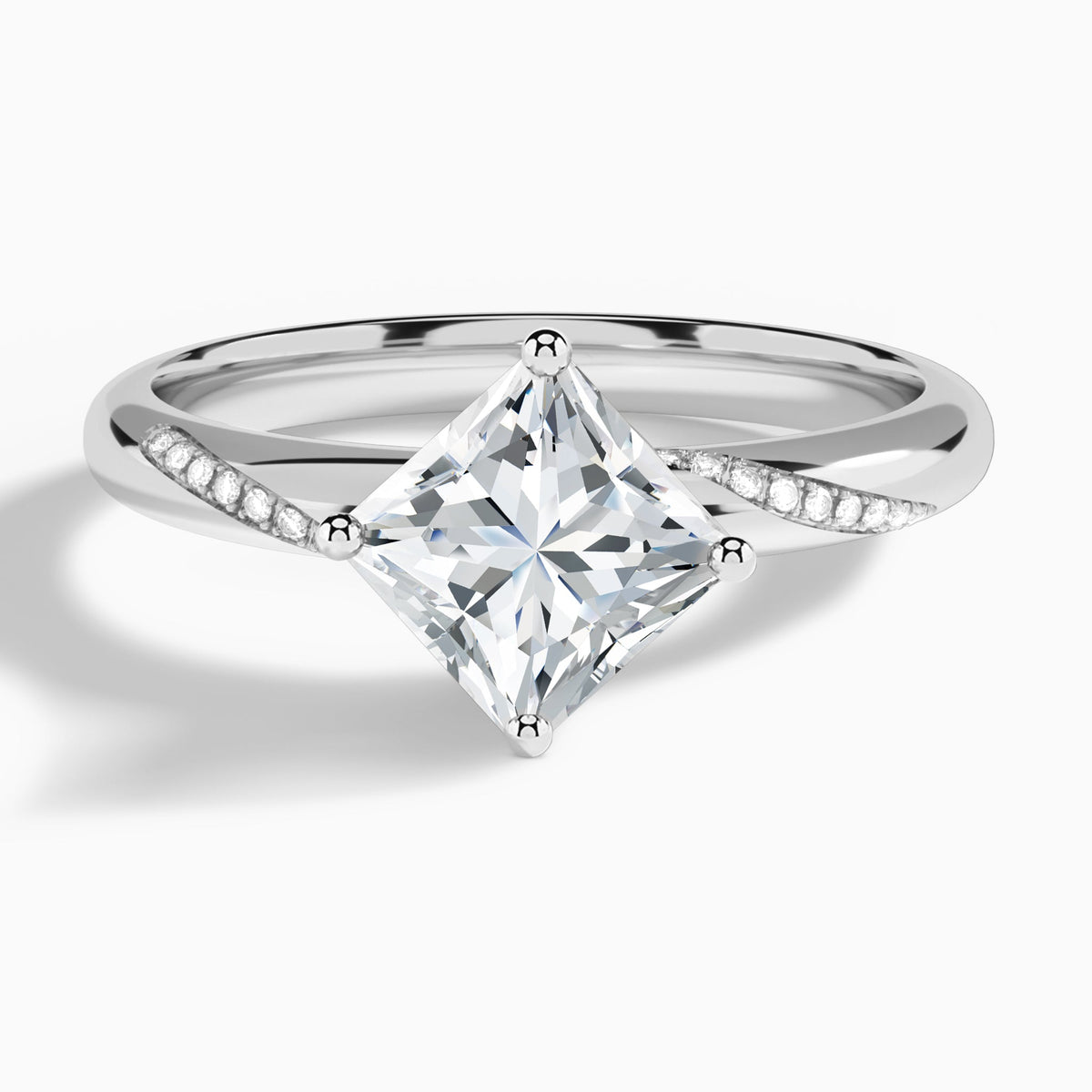 Princess Accented Petal Four-Prong Lab Diamond Engagement Ring In 18K White Gold - Lucenjuri