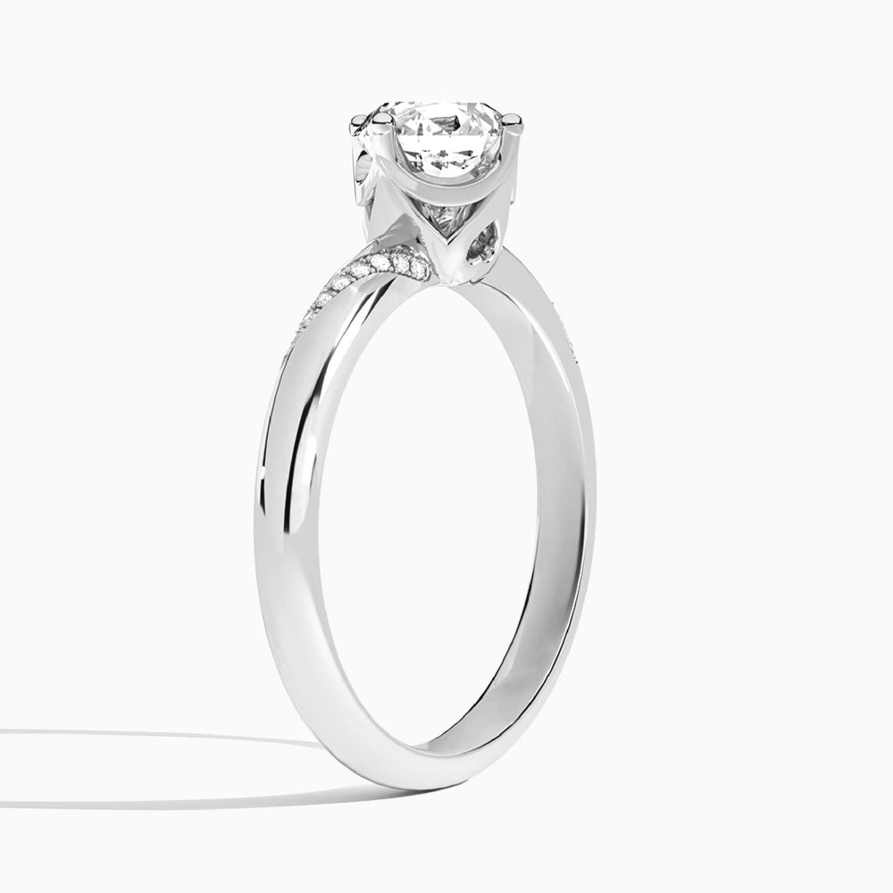 Round Accented Petal Four-Prong Lab Diamond Engagement Ring In 14K White Gold, Angle View