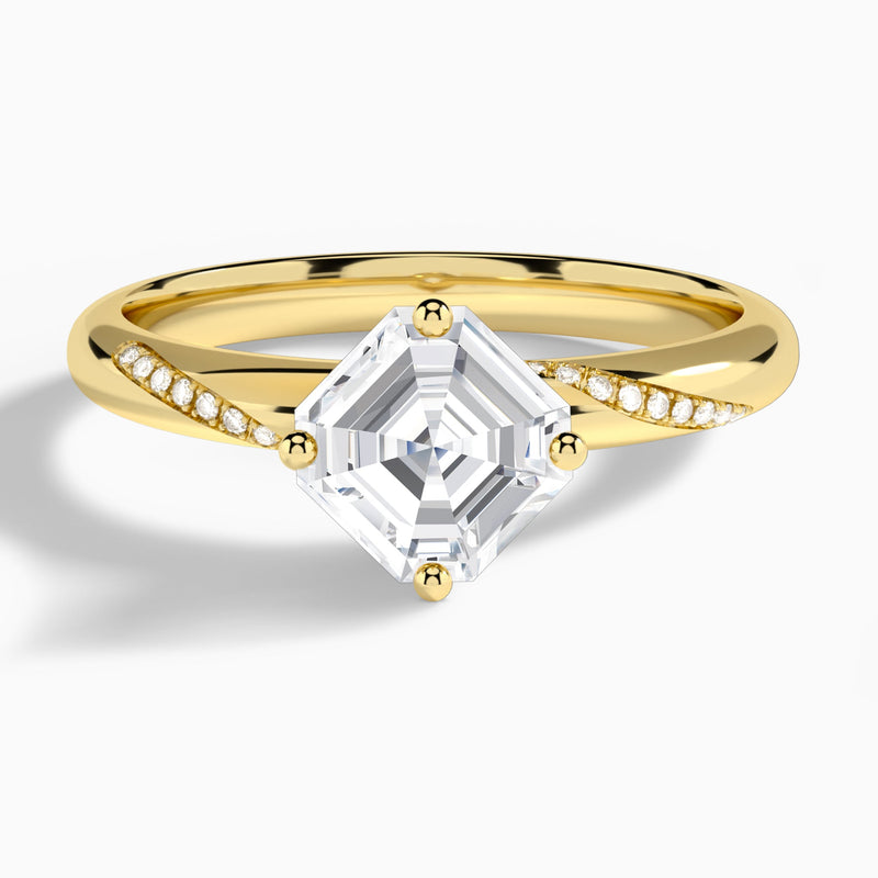 Asscher Accented Petal Four-Prong Lab Diamond Engagement Ring In 14K Yellow Gold - Lucenjuri