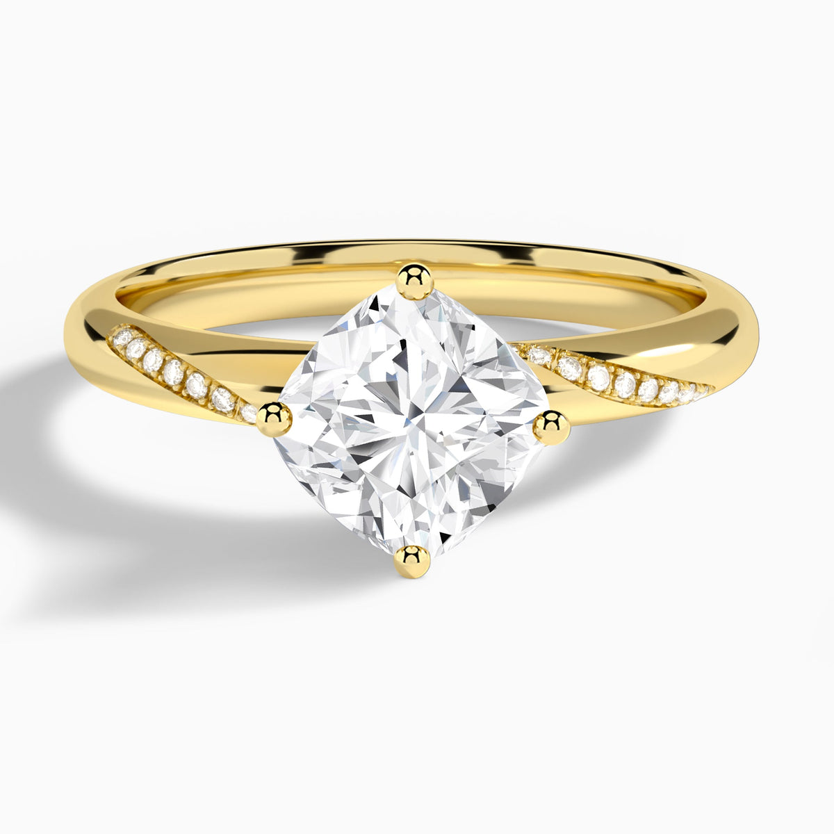 Cushion Accented Petal Four-Prong Lab Diamond Engagement Ring In 18K Yellow Gold - Lucenjuri