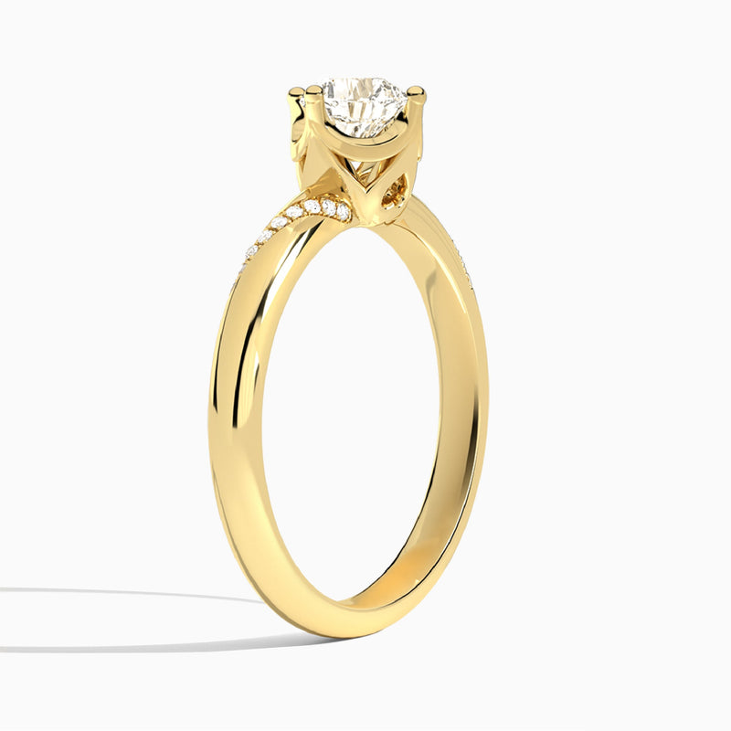 Cushion Accented Petal Four-Prong Lab Diamond Engagement Ring In 18K Yellow Gold, Angle View