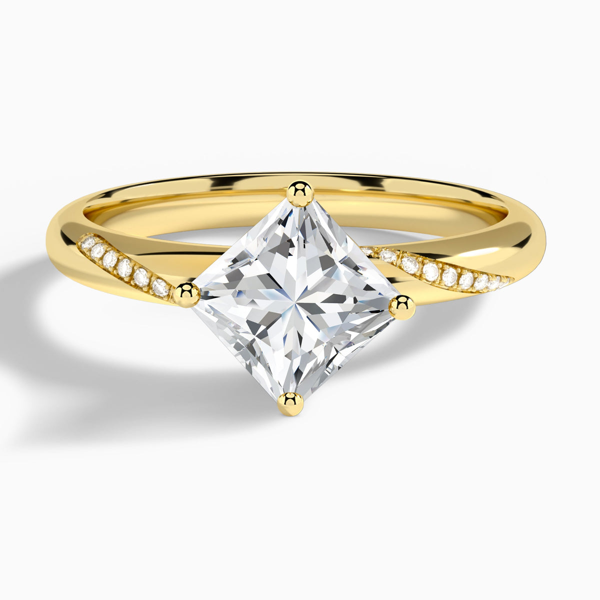 Princess Accented Petal Four-Prong Lab Diamond Engagement Ring In 14K Yellow Gold - Lucenjuri