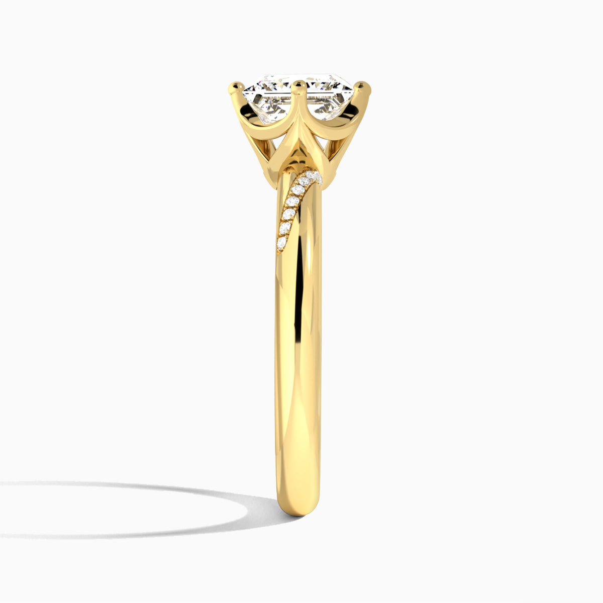 Princess Accented Petal Four-Prong Lab Diamond Engagement Ring In 14K Yellow Gold, Side View
