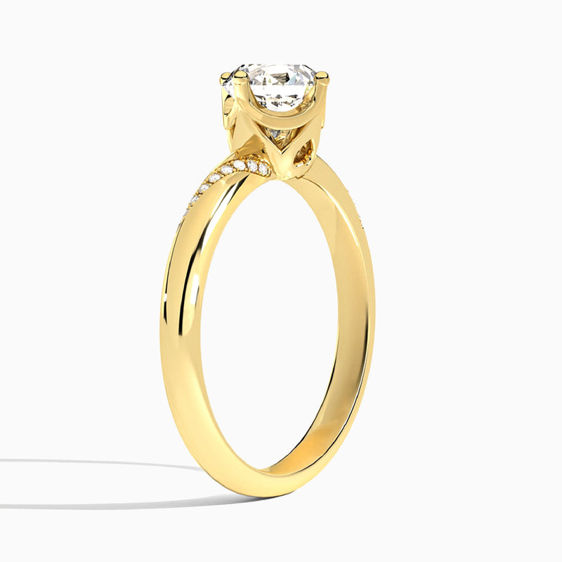 Round Accented Petal Four-Prong Lab Diamond Engagement Ring In 14K Yellow Gold, Angle View