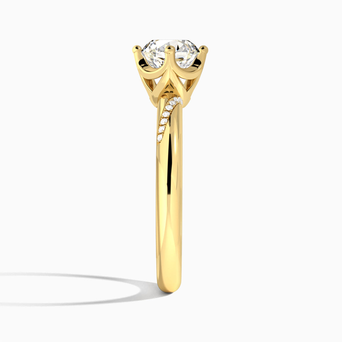 Round Accented Petal Four-Prong Lab Diamond Engagement Ring In 18K Yellow Gold, Side View