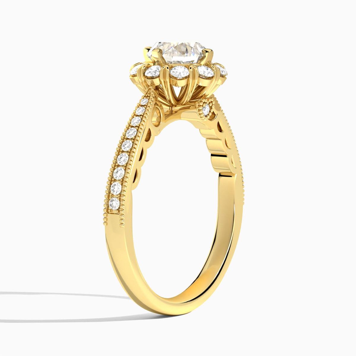 Round Luxe Daphne Lab Grown Diamond Engagement Ring In 14K Yellow Gold, Angle View
