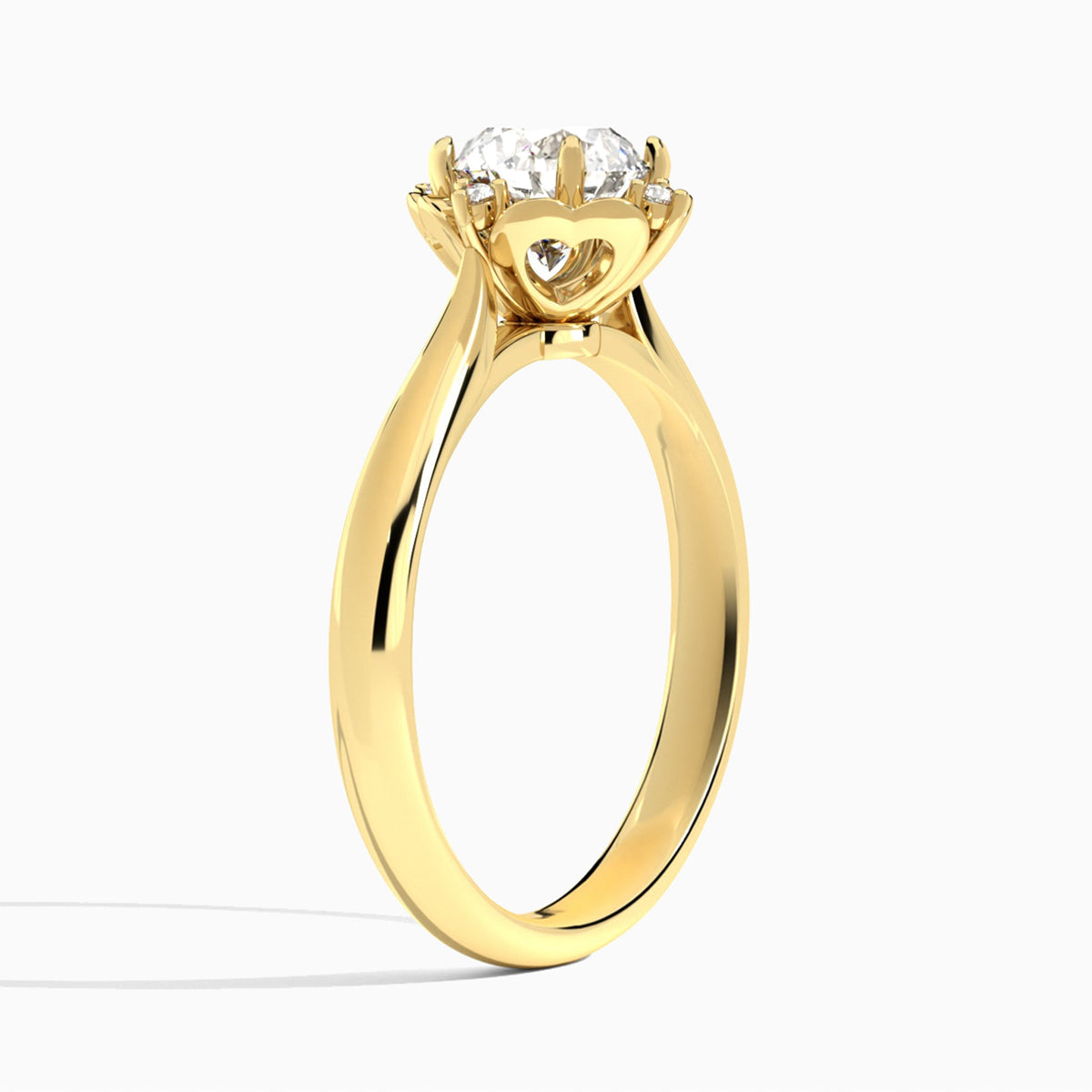 Round Heart of Petals Lab Diamond Engagement Ring In 18K Yellow Gold, Angle View