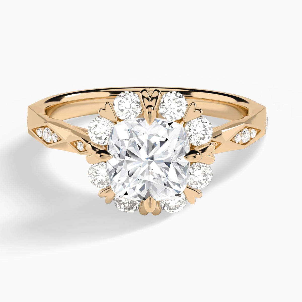 Cushion Adorned Faceted Lab Diamond Engagement Ring In 14K Rose Gold - Lucenjuri