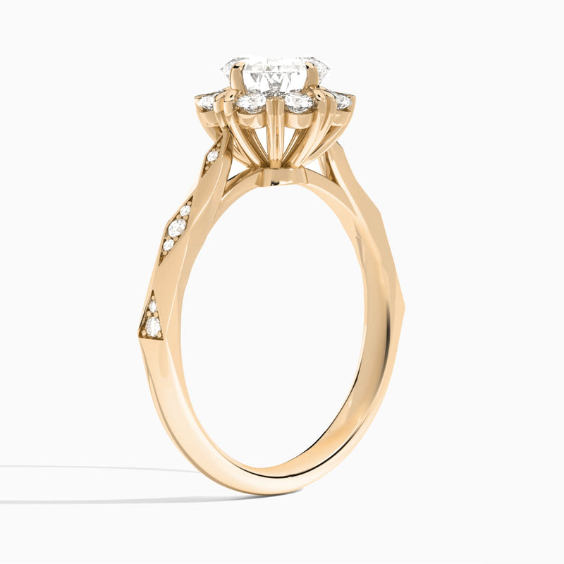 Cushion Adorned Faceted Lab Diamond Engagement Ring In 14K Rose Gold, Angle View