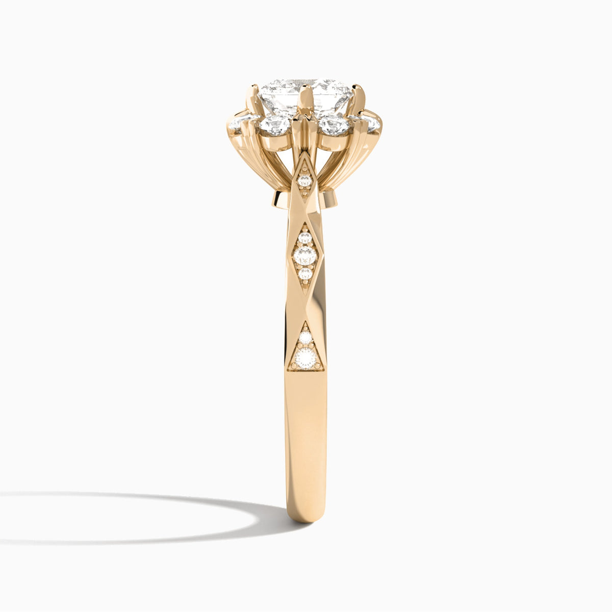 Cushion Adorned Faceted Lab Diamond Engagement Ring In 14K Rose Gold, Side View