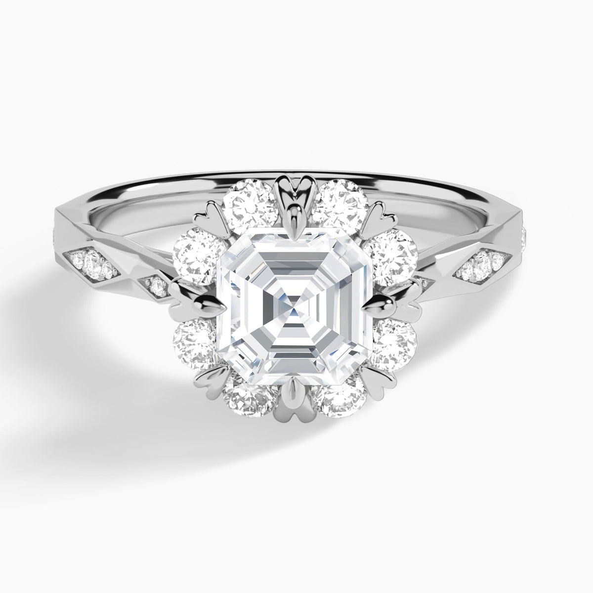 Asscher Adorned Faceted Lab Diamond Engagement Ring In 18K White Gold - Lucenjuri
