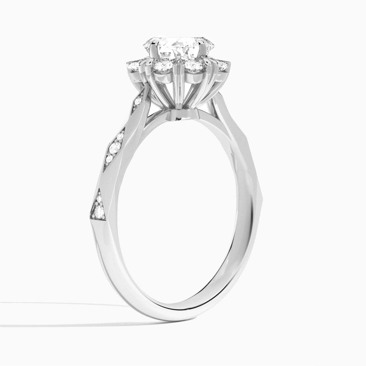 Asscher Adorned Faceted Lab Diamond Engagement Ring In 18K White Gold, Angle View