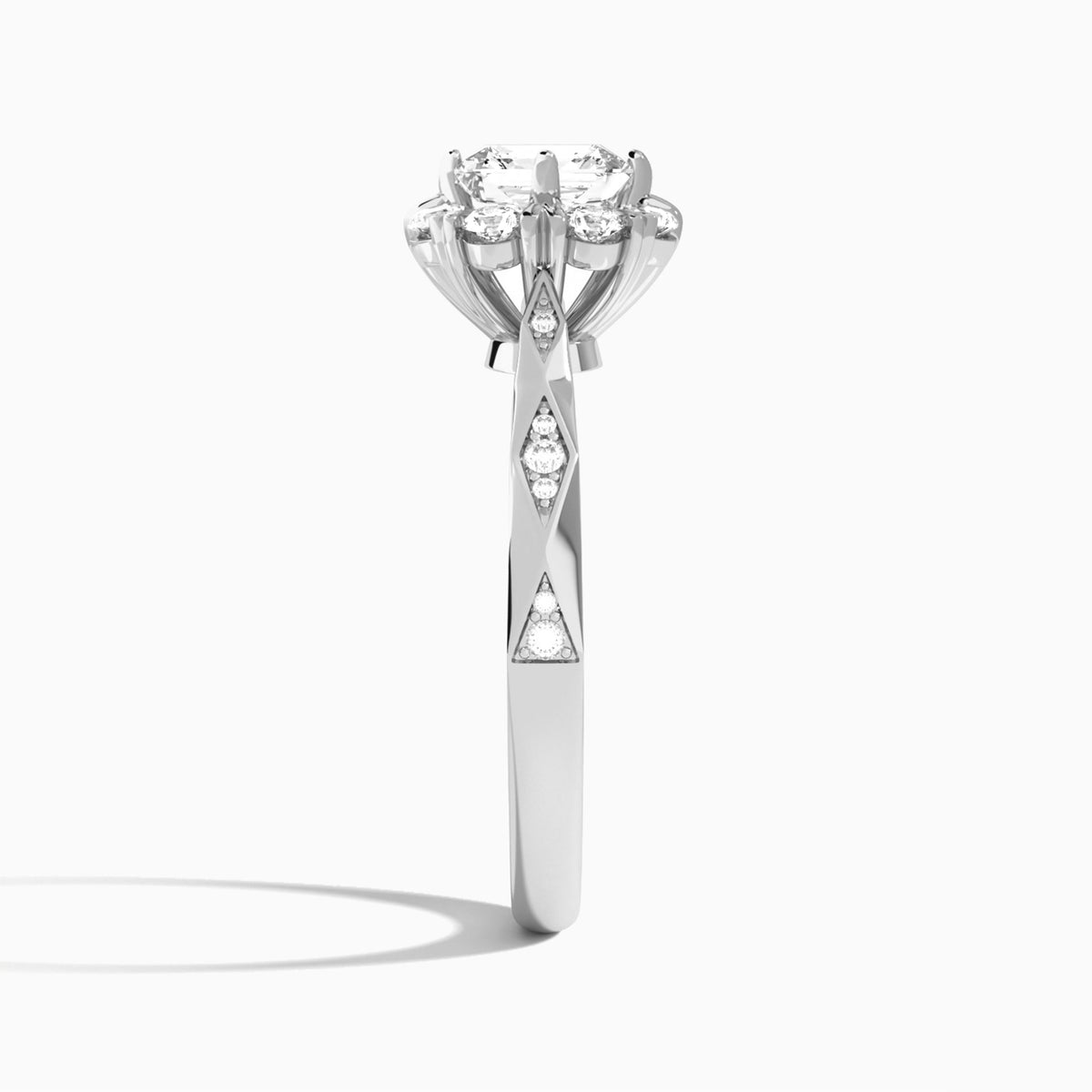Asscher Adorned Faceted Lab Diamond Engagement Ring In 14K White Gold, Side View