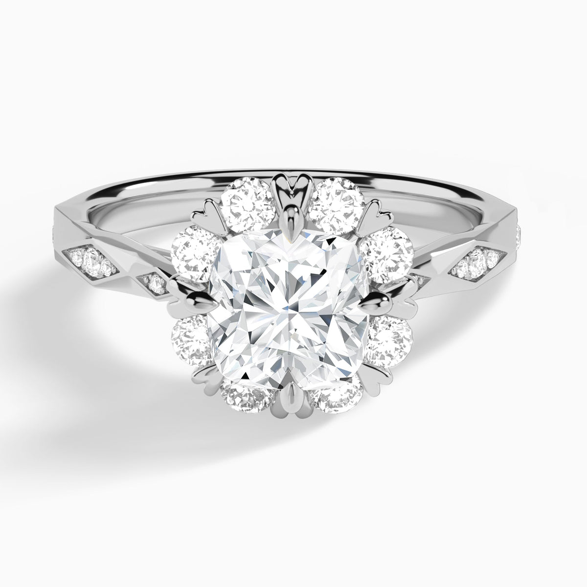 Cushion Adorned Faceted Lab Diamond Engagement Ring In 18K White Gold - Lucenjuri