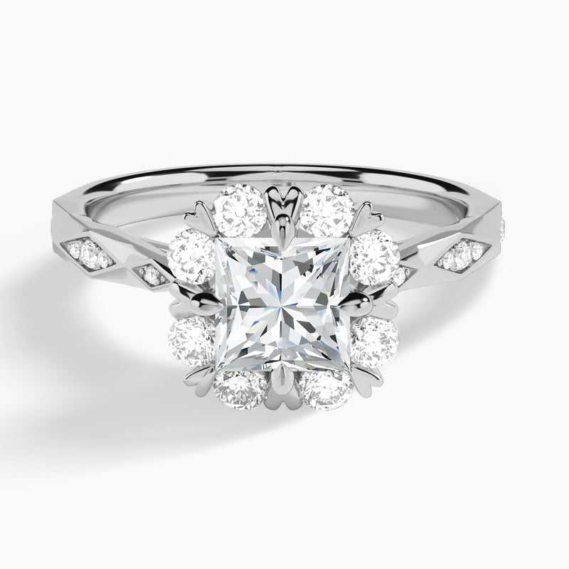Princess Adorned Faceted Lab Diamond Engagement Ring In 14K White Gold - Lucenjuri