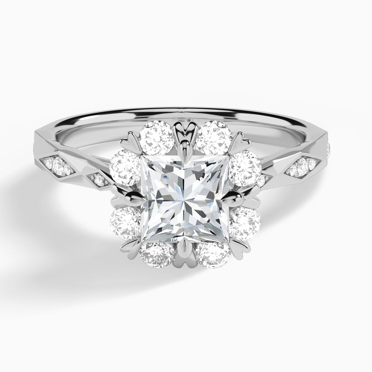 Princess Adorned Faceted Lab Diamond Engagement Ring In 14K White Gold - Lucenjuri