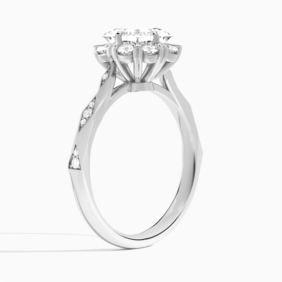Princess Adorned Faceted Lab Diamond Engagement Ring In 14K White Gold, Angle View