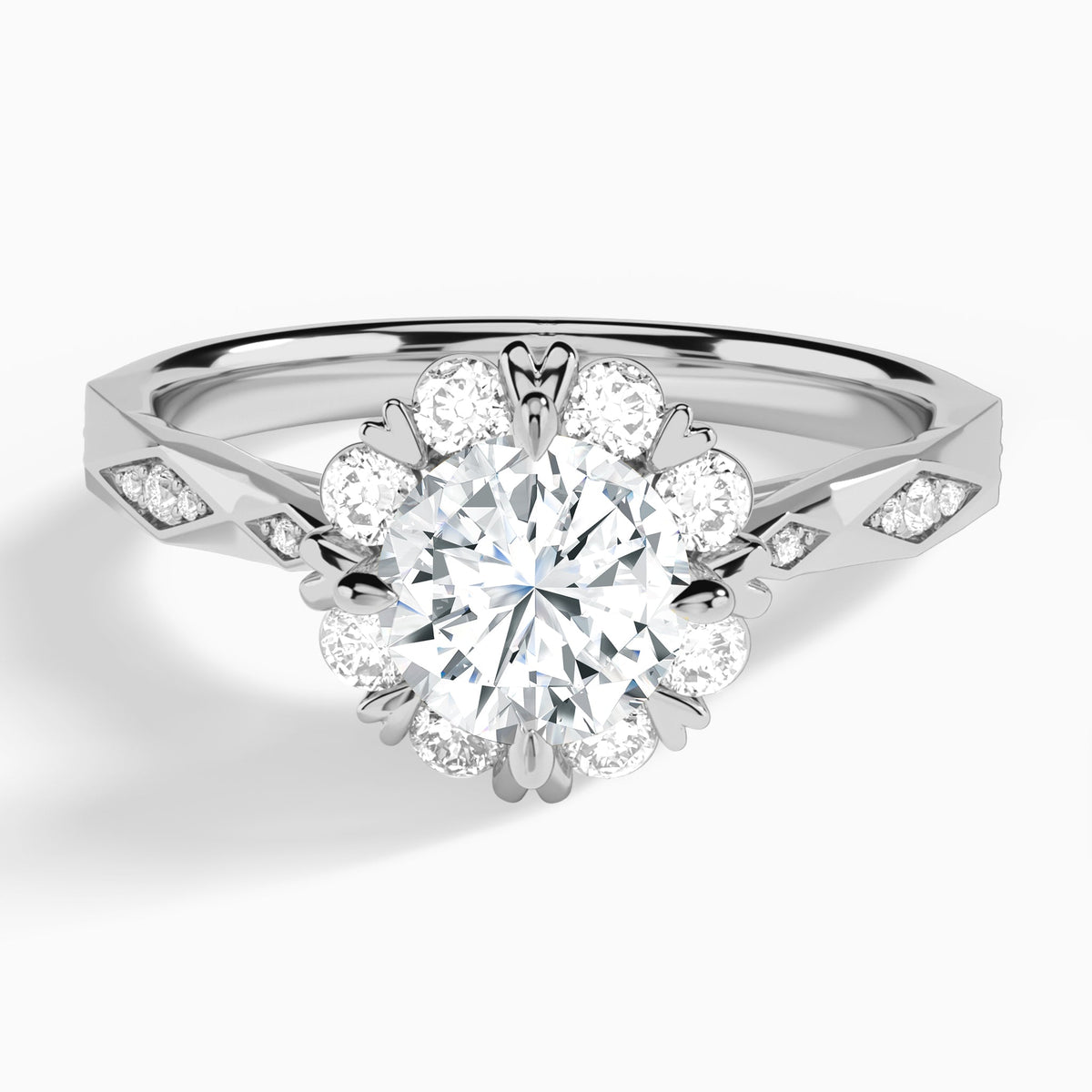 Round Adorned Faceted Lab Diamond Engagement Ring In 14K White Gold - Lucenjuri