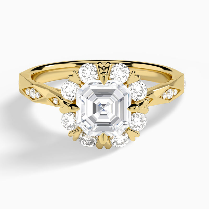 Asscher Adorned Faceted Lab Diamond Engagement Ring In 14K Yellow Gold - Lucenjuri