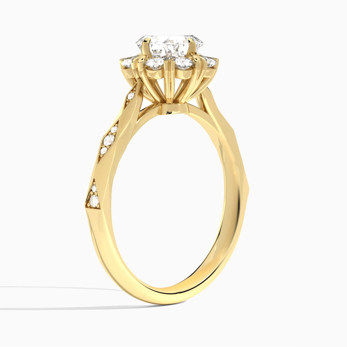 Asscher Adorned Faceted Lab Diamond Engagement Ring In 18K Yellow Gold, Angle View