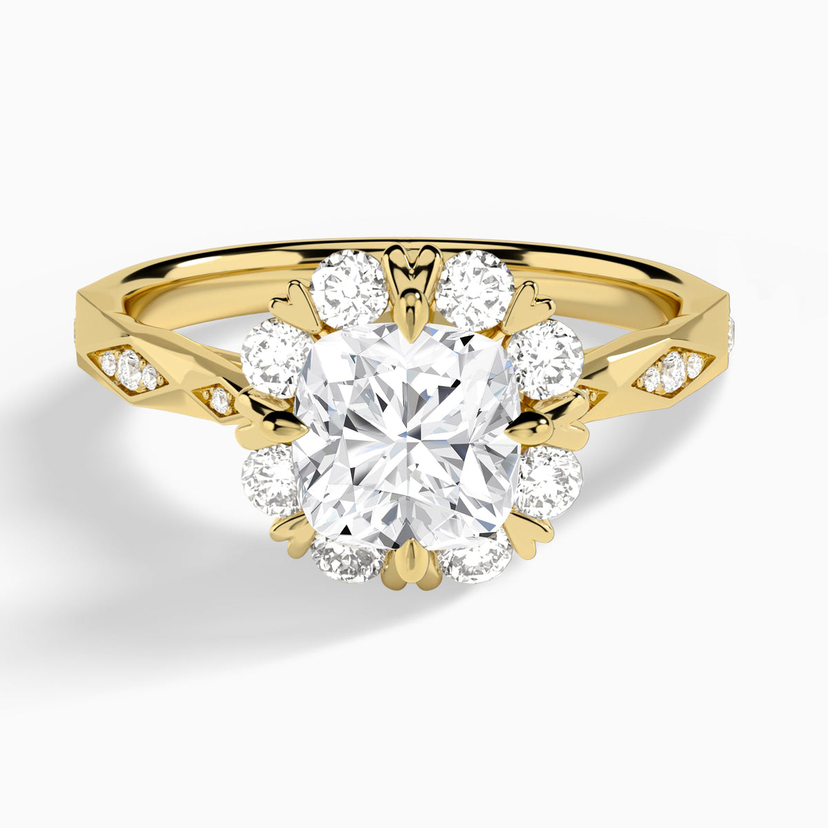 Cushion Adorned Faceted Lab Diamond Engagement Ring In 18K Yellow Gold - Lucenjuri