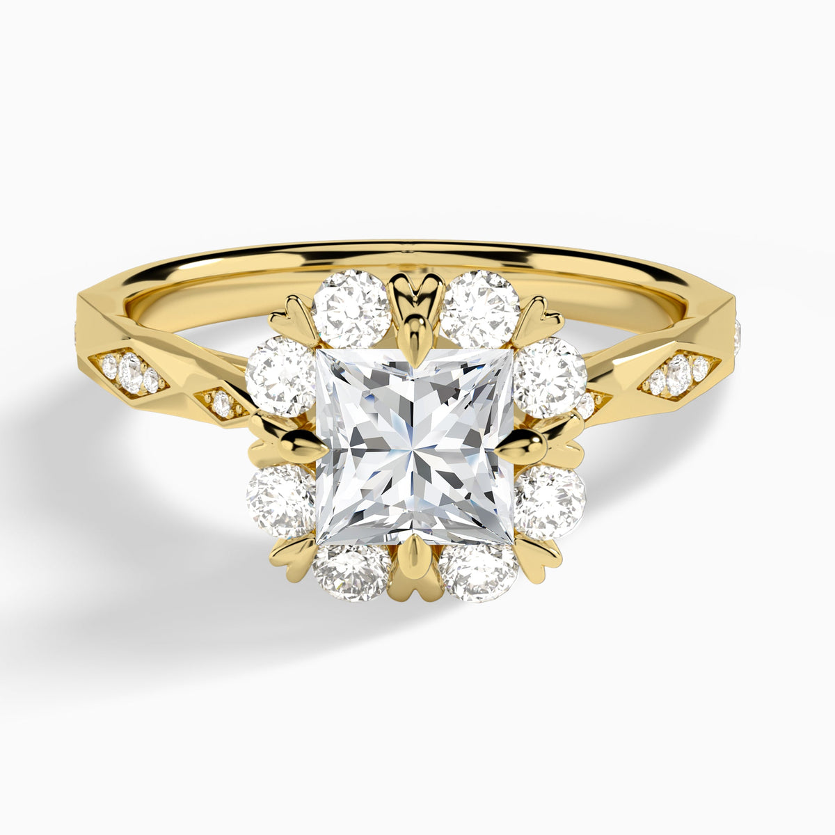 Princess Adorned Faceted Lab Diamond Engagement Ring In 18K Yellow Gold - Lucenjuri
