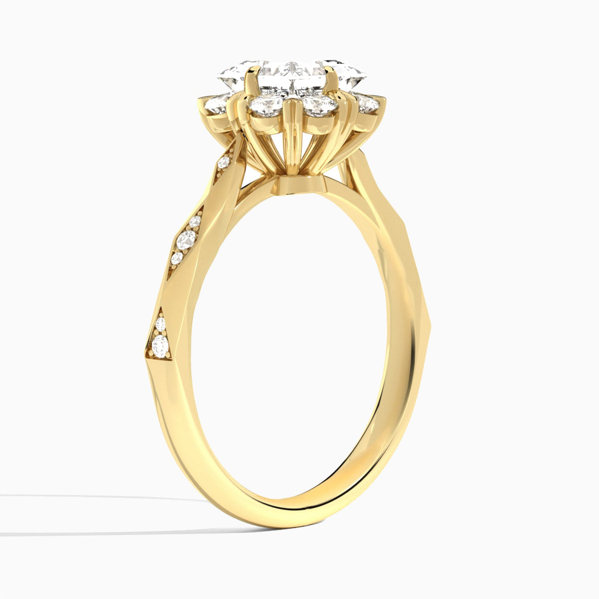 Princess Adorned Faceted Lab Diamond Engagement Ring In 18K Yellow Gold, Angle View
